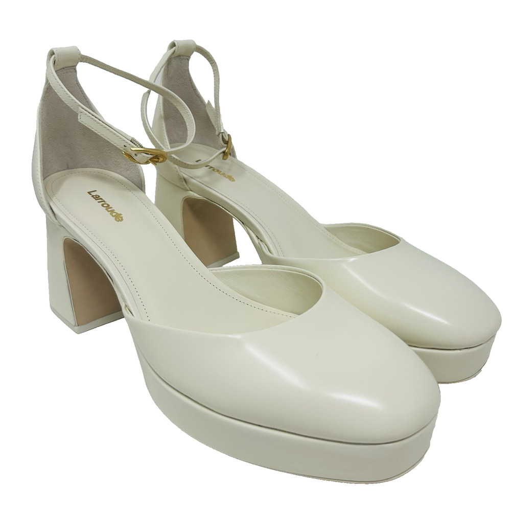 Larroude Ari Platform Mary Jane Pumps 10 Cream Patent Leather Heels Ankle Strap